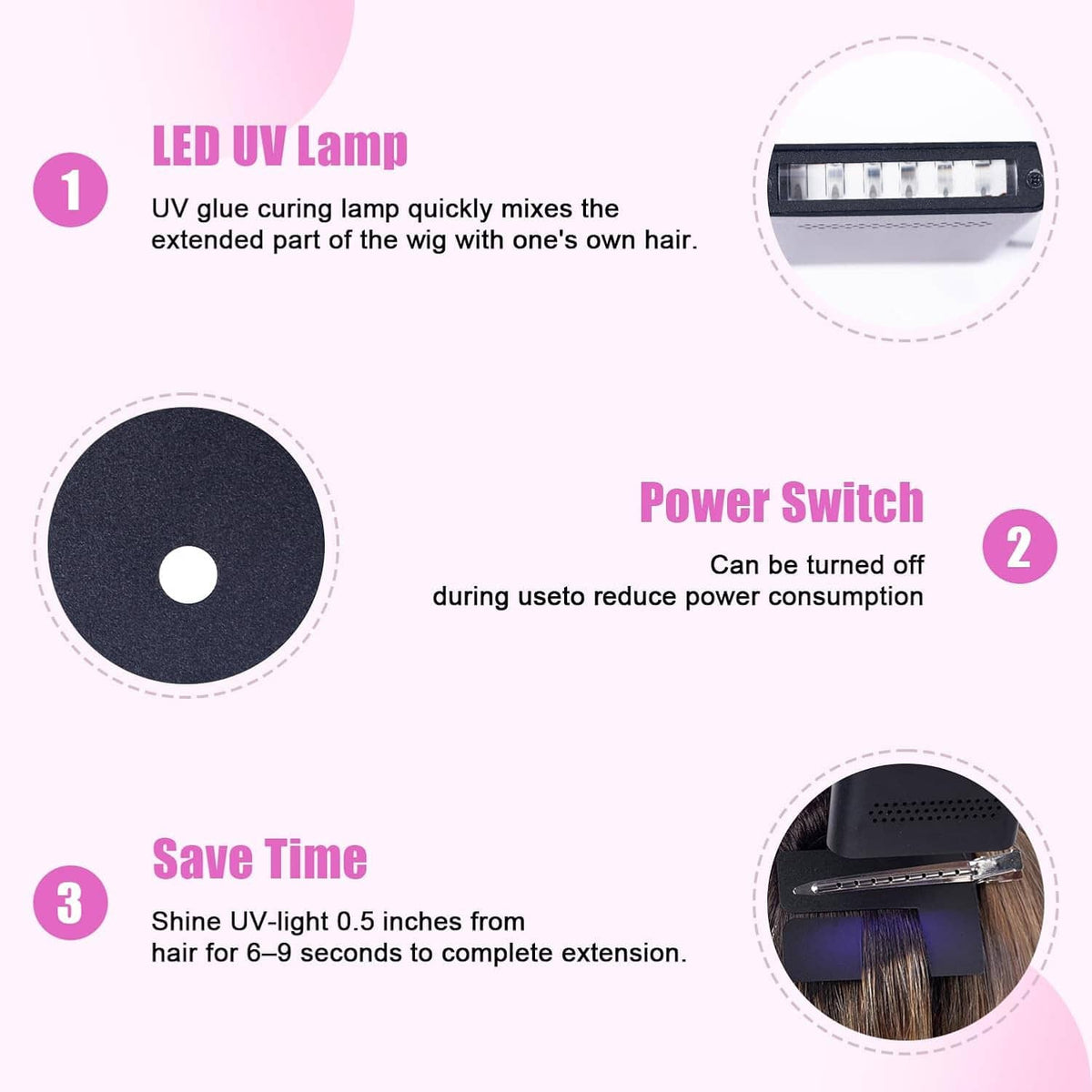 UV lamp hair extension curing system infographic showing LED UV lamp and power switch