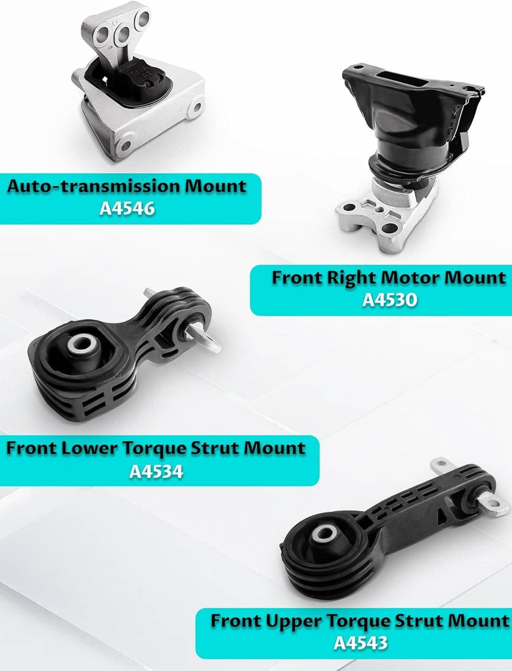 Four engine mounts set with black rubber isolators and silver brackets and plates