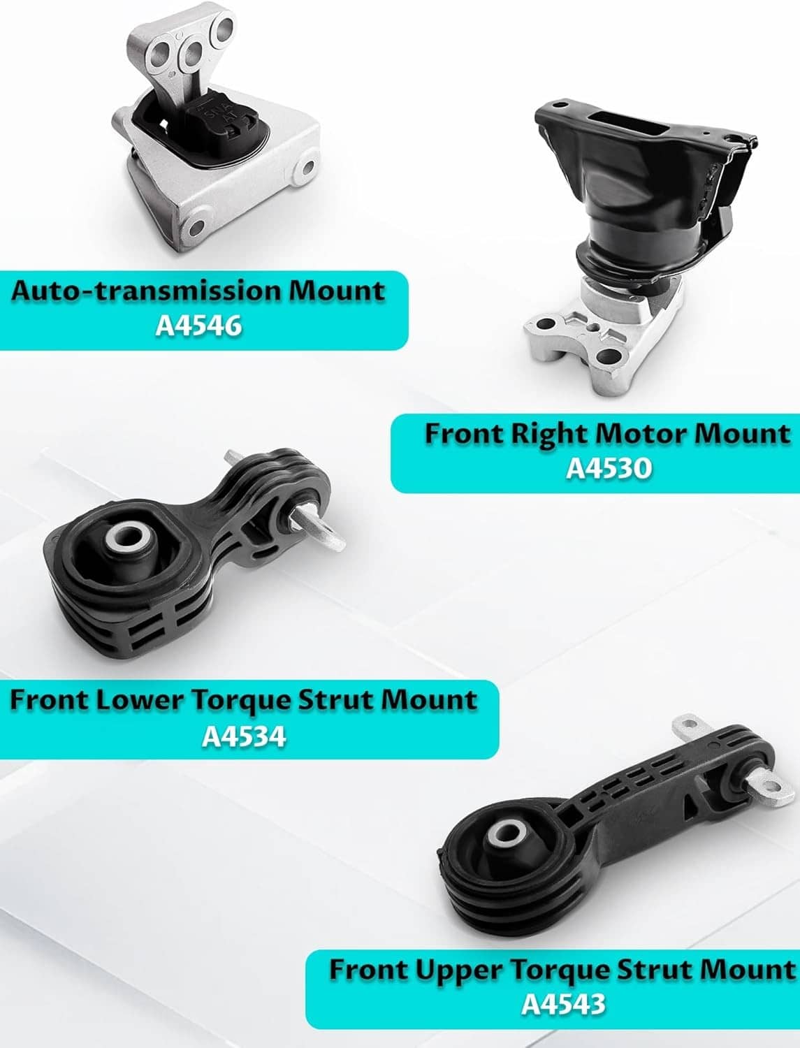 Four engine mounts set with black rubber isolators and silver brackets and plates