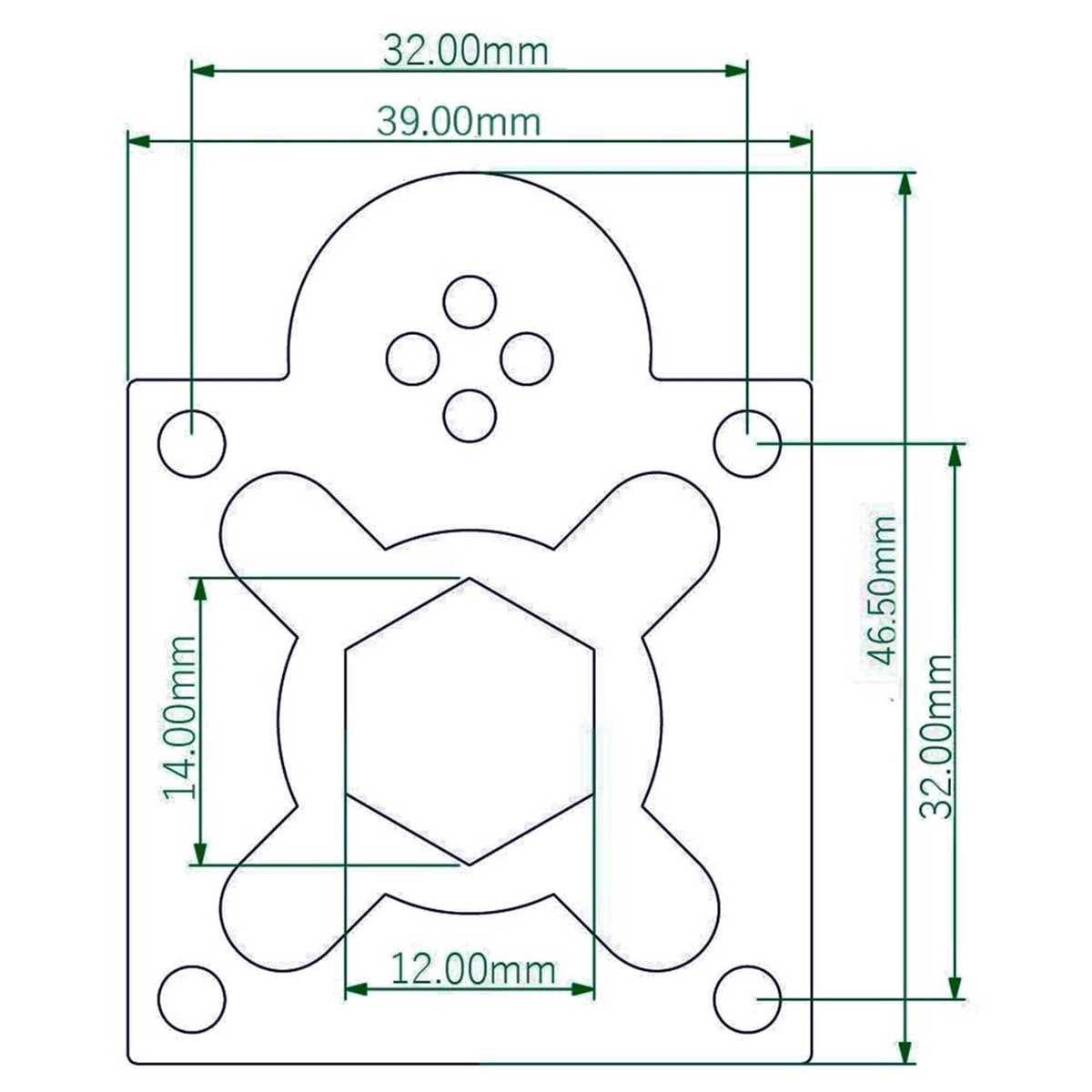 Technical dimension diagram of black starter back cover with labeled 32mm and 46.5mm