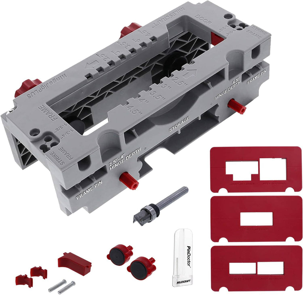 Gray door hinge jig with red clamp knobs and accessory templates