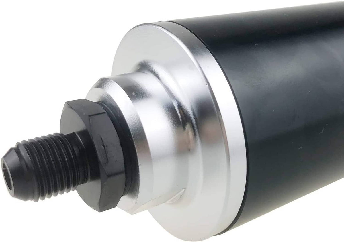 Inline fuel filter end view with silver clamp ring and black housing