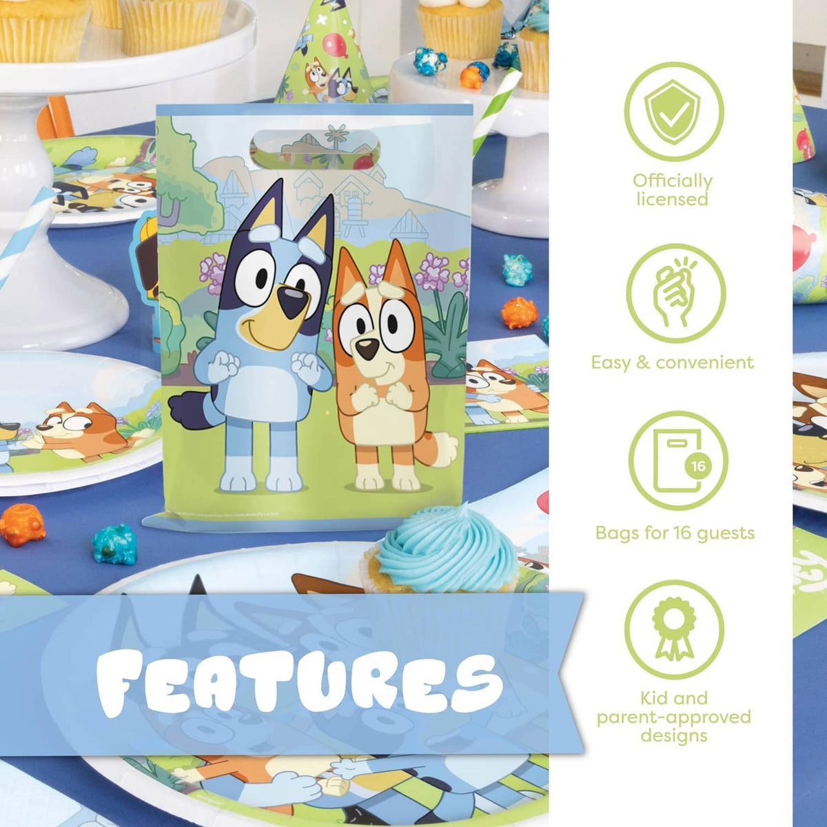 Bluey loot bags with character artwork, package features shown