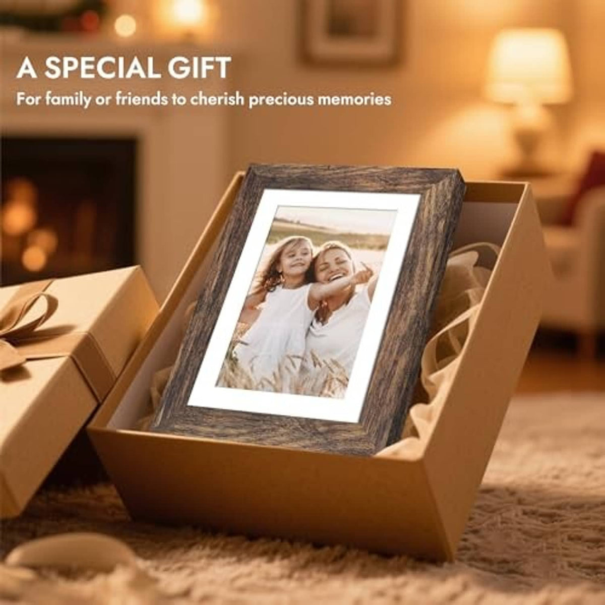 Rustic brown 4x6 picture frame with glass and white mat, tabletop display