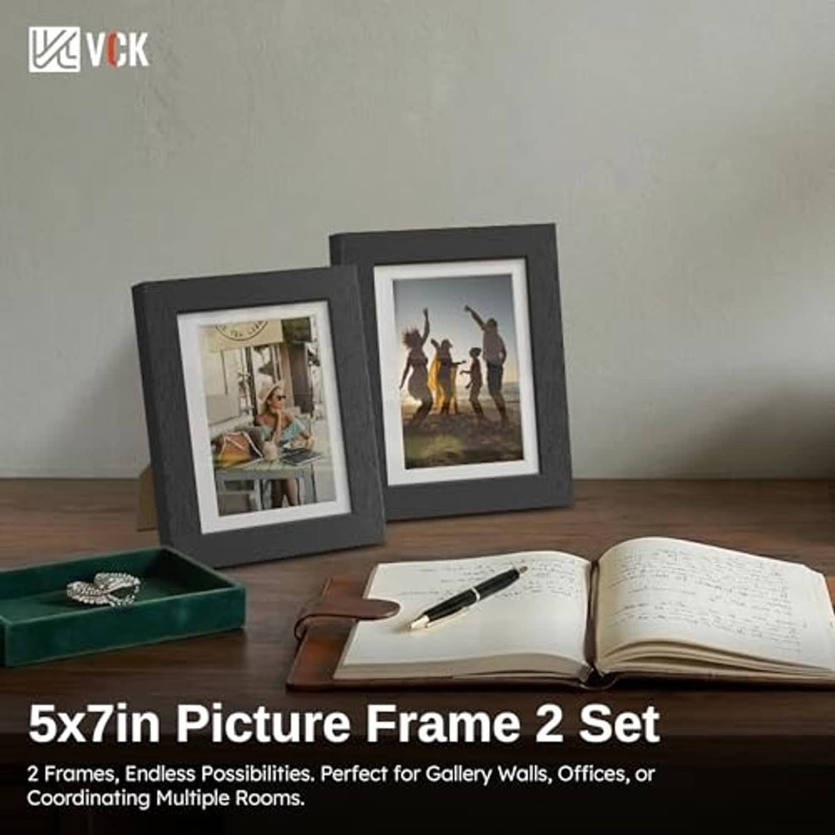 Two dark wood picture frames with glass, each showing a mounted photo