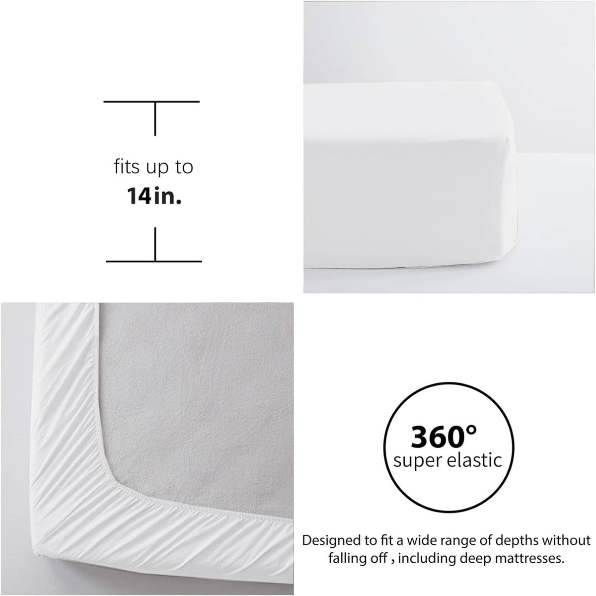 Fitted sheet corner with elastic edge and depth-fit graphic for up to 14 inches