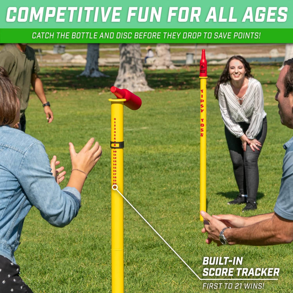 Tipsy Toss bottle target pole with string line and red bottle for disc drops