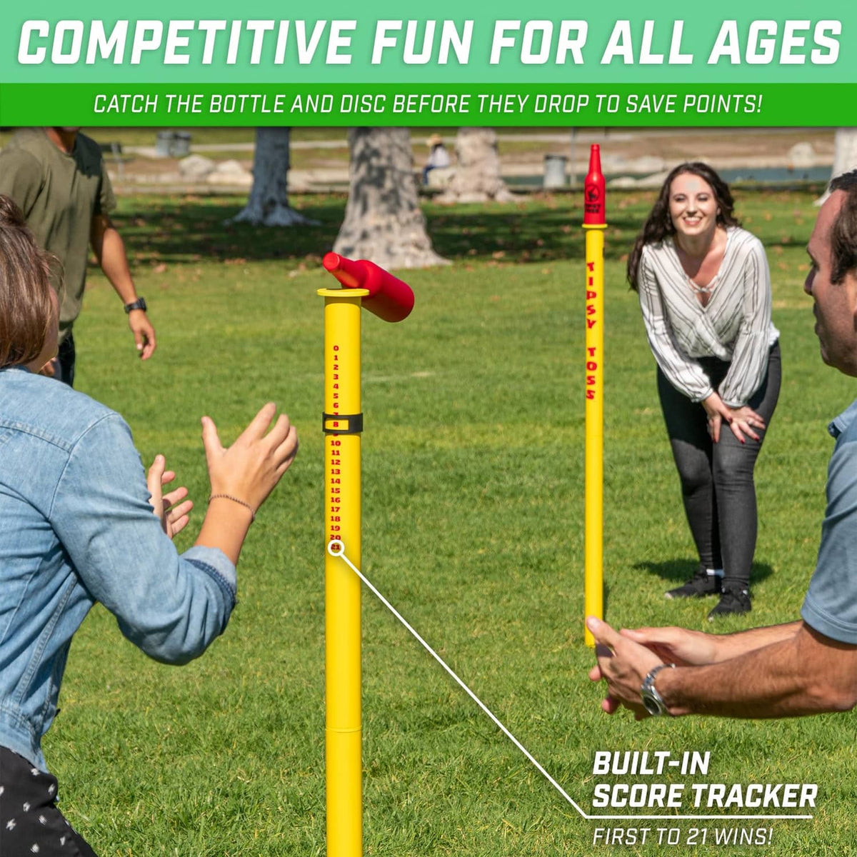 Tipsy Toss bottle target pole with string line and red bottle for disc drops