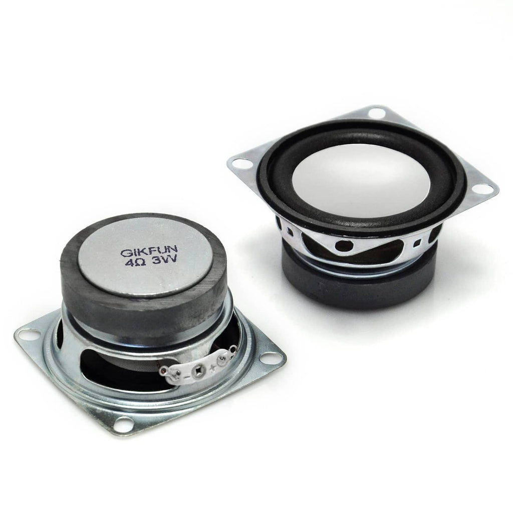 Two 2-inch full-range audio speaker drivers, black with silver mounting plates