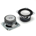 Two 2-inch full-range audio speaker drivers, black with silver mounting plates