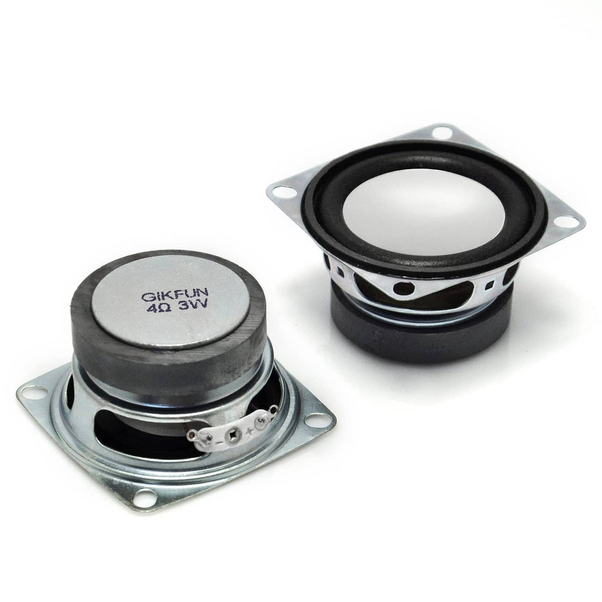 Two 2-inch full-range audio speaker drivers, black with silver mounting plates
