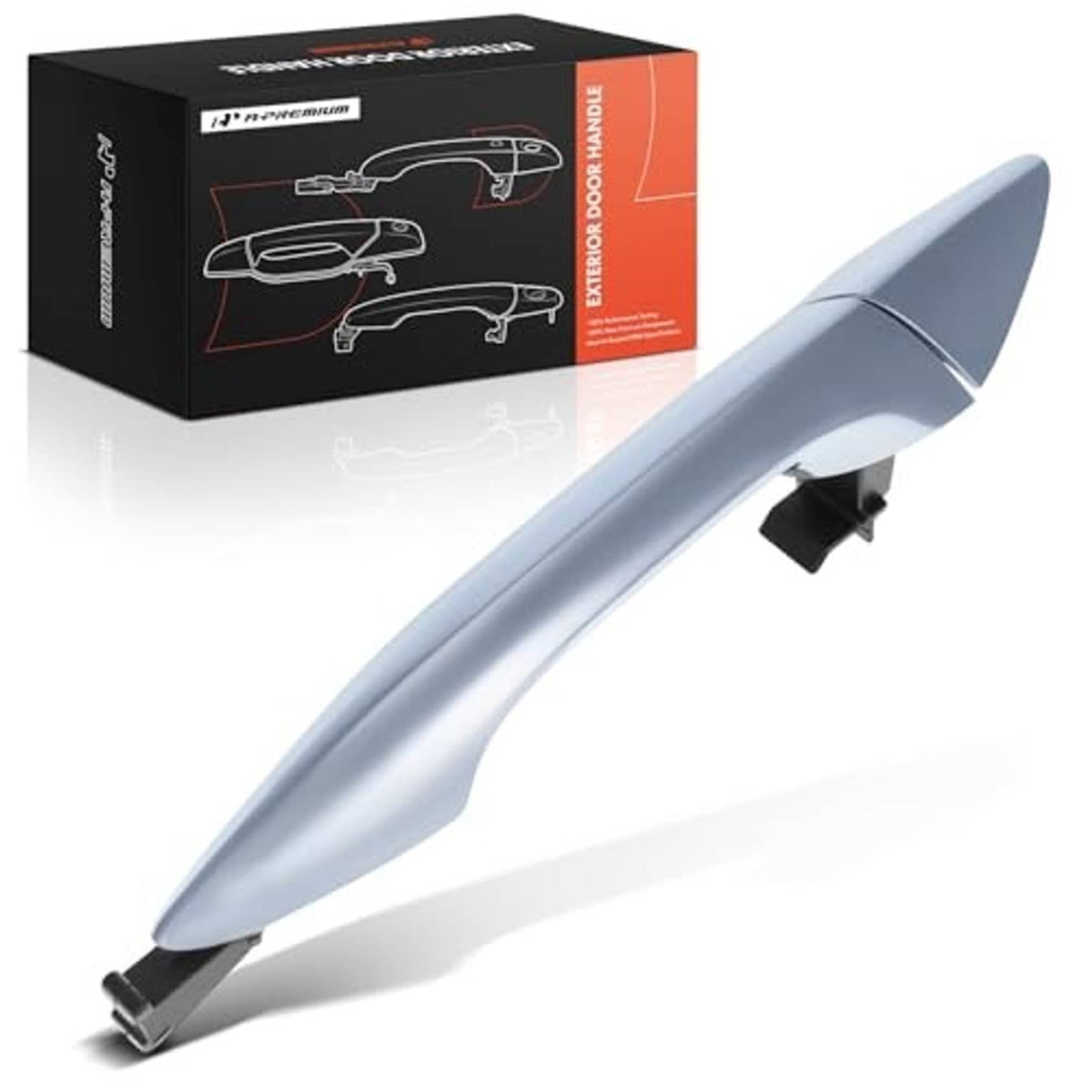 Front right exterior door handle, silver/gray finish with black mounting clip