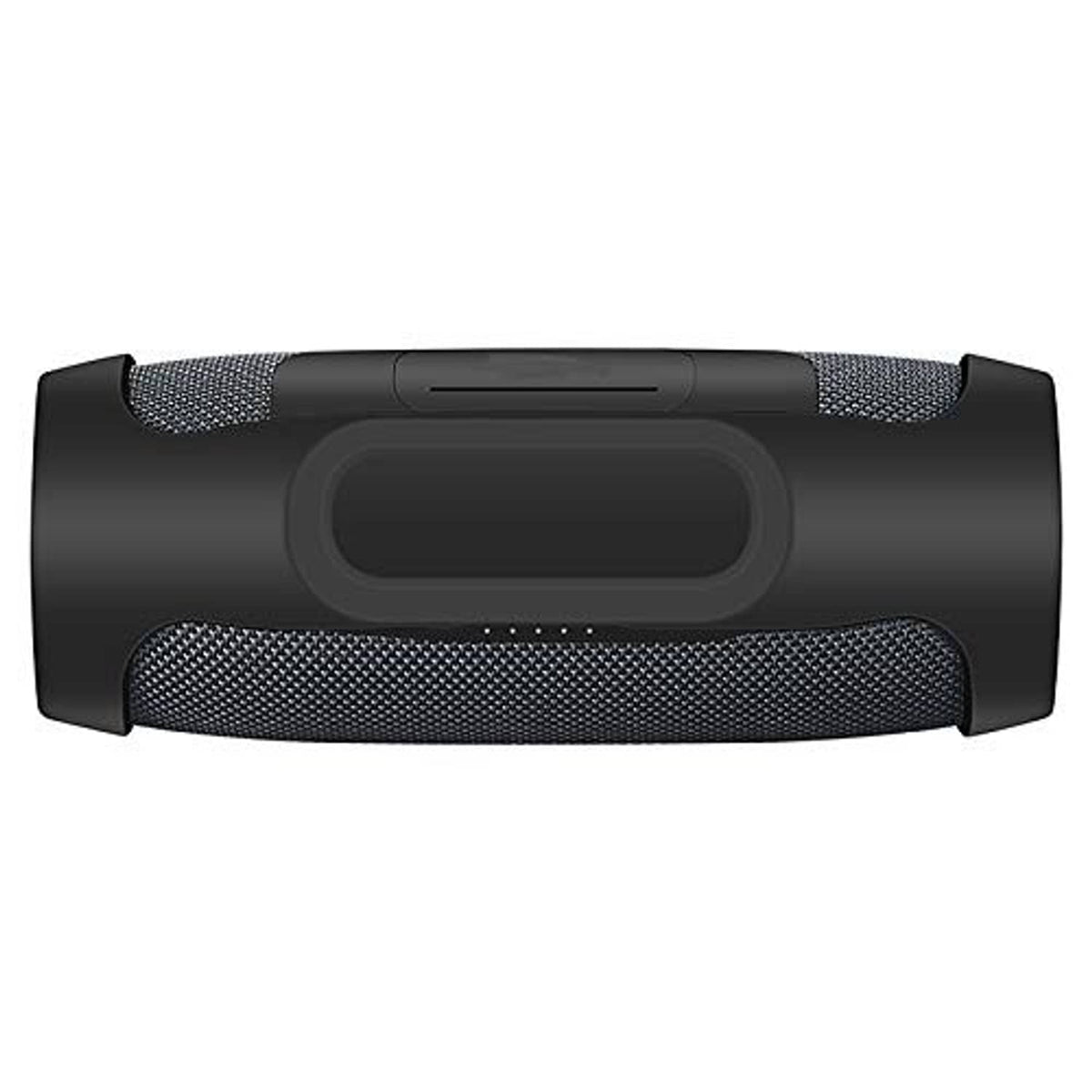 Black silicone sleeve on a portable Bluetooth speaker showing top control panel cutout