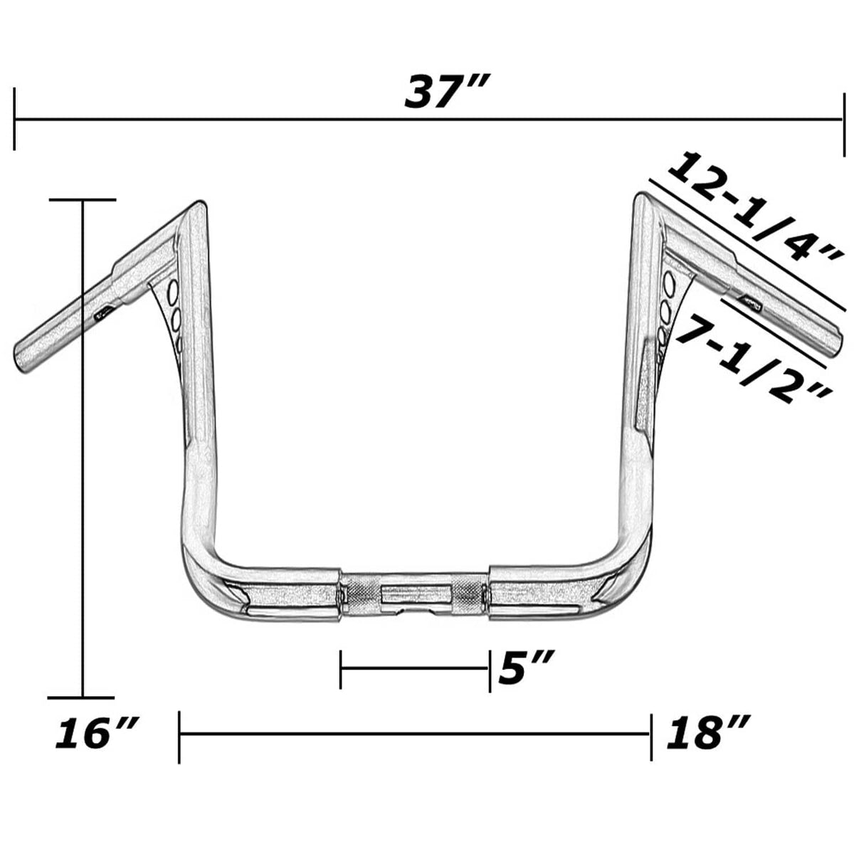 Handlebar size diagram for U-bend monkey bagger style, 16-in width