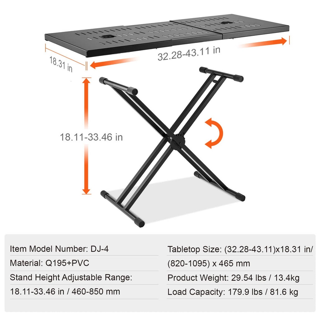 Portable DJ table with perforated tabletop and black double-X adjustable stand legs