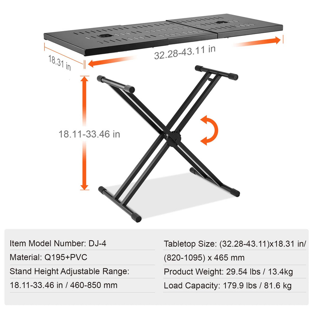 Portable DJ table with perforated tabletop and black double-X adjustable stand legs