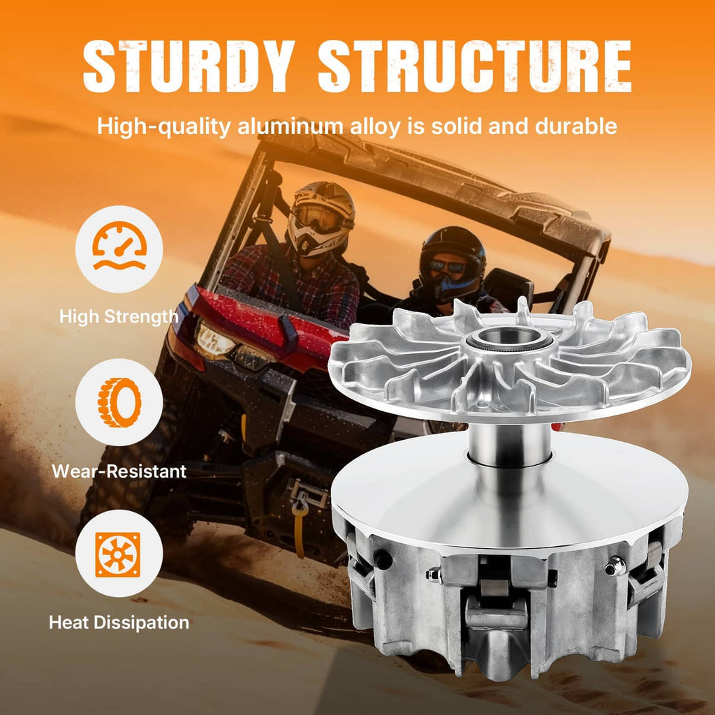 CVT primary drive clutch assembly in silver aluminum with central hub and pulley disc