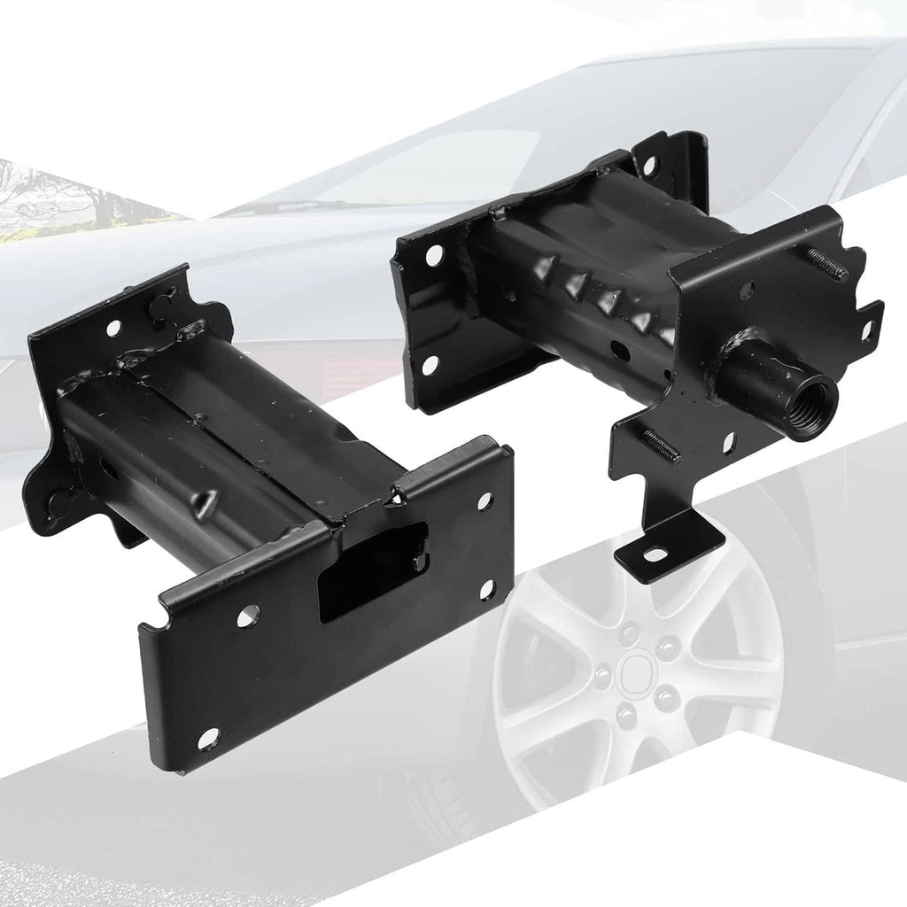 Black front bumper reinforcement brackets pair with cylindrical post and bolt openings