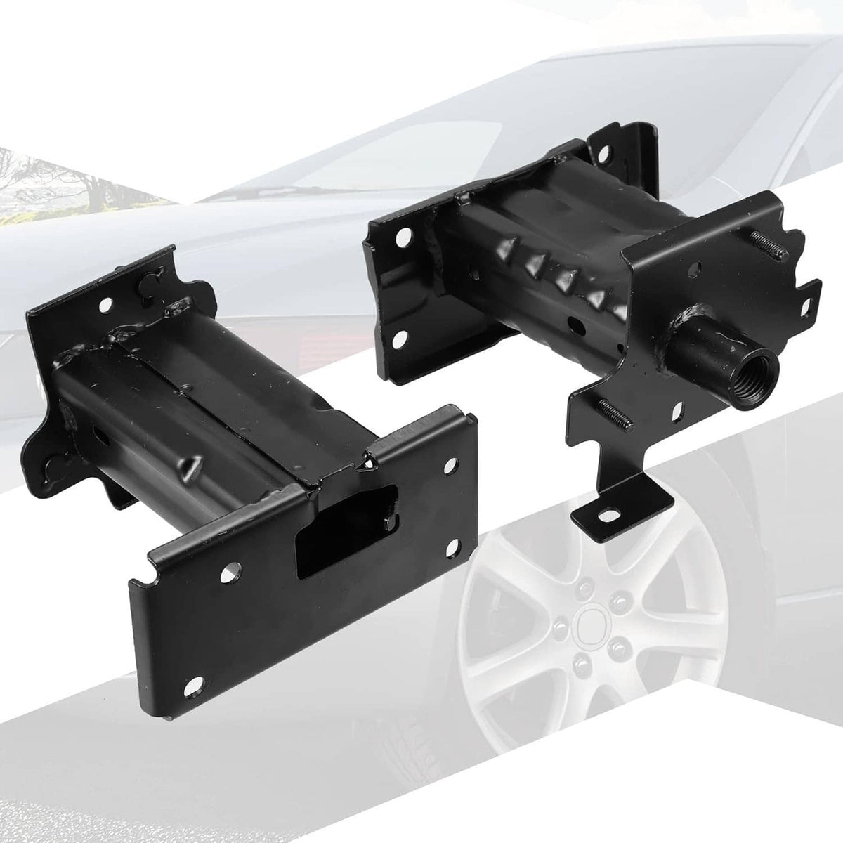 Black front bumper reinforcement brackets pair with cylindrical post and bolt openings