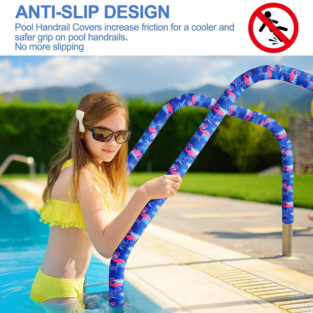 Pool handrail cover with blue flamingo pattern for anti-slip hand grip
