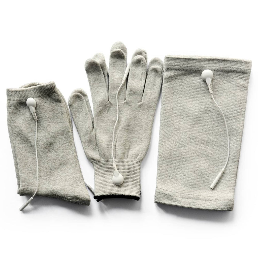 Grey conductive electrode glove set with fingered gloves and wired pads