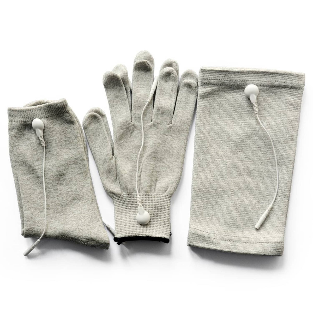 Grey conductive electrode glove set with fingered gloves and wired pads
