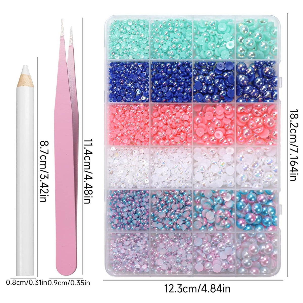 Flatback craft pearl set in organizer tray with dimensions and size compartments