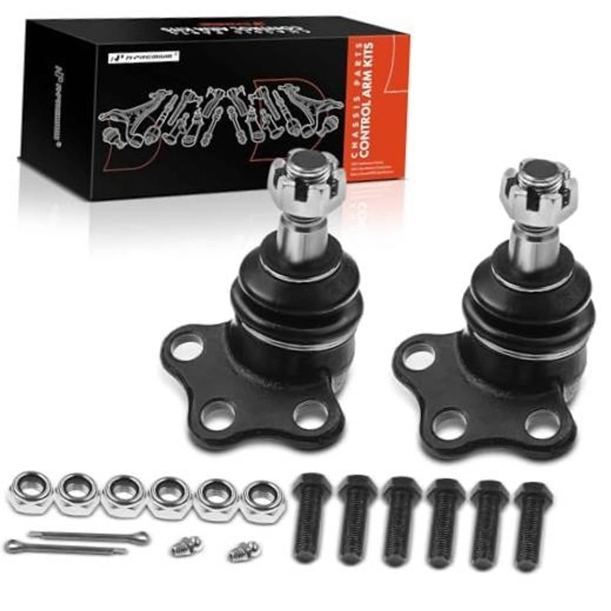 Front upper ball joints set, black dust boots with chrome studs and mounting plates