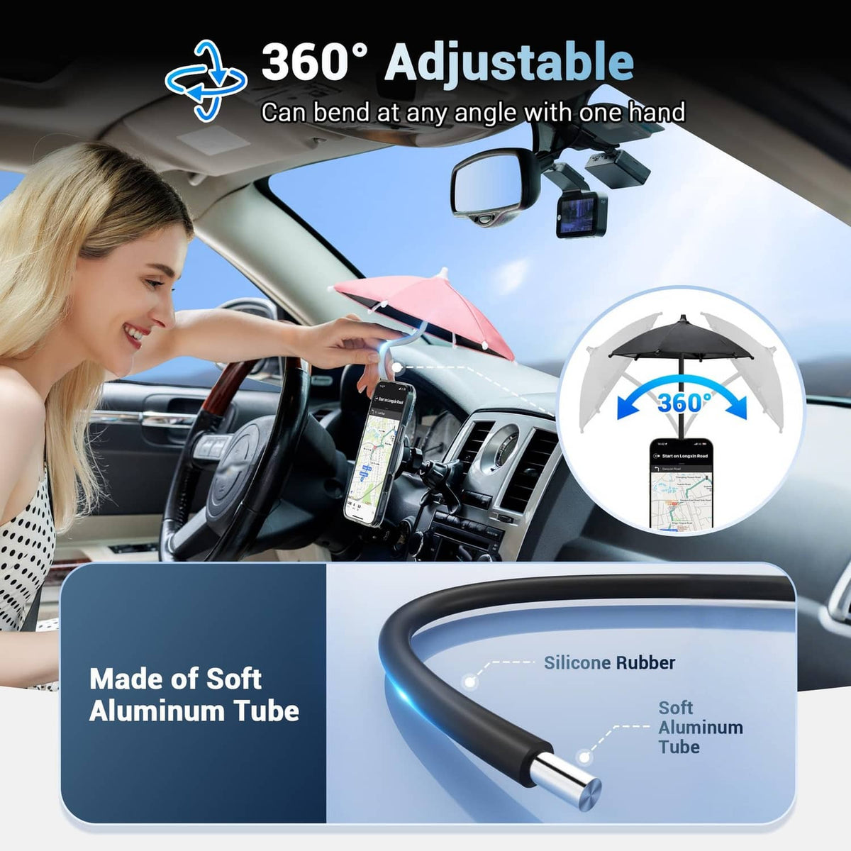 360° adjustable magnetic phone umbrella with soft silicone rubber tube and aluminum arm.