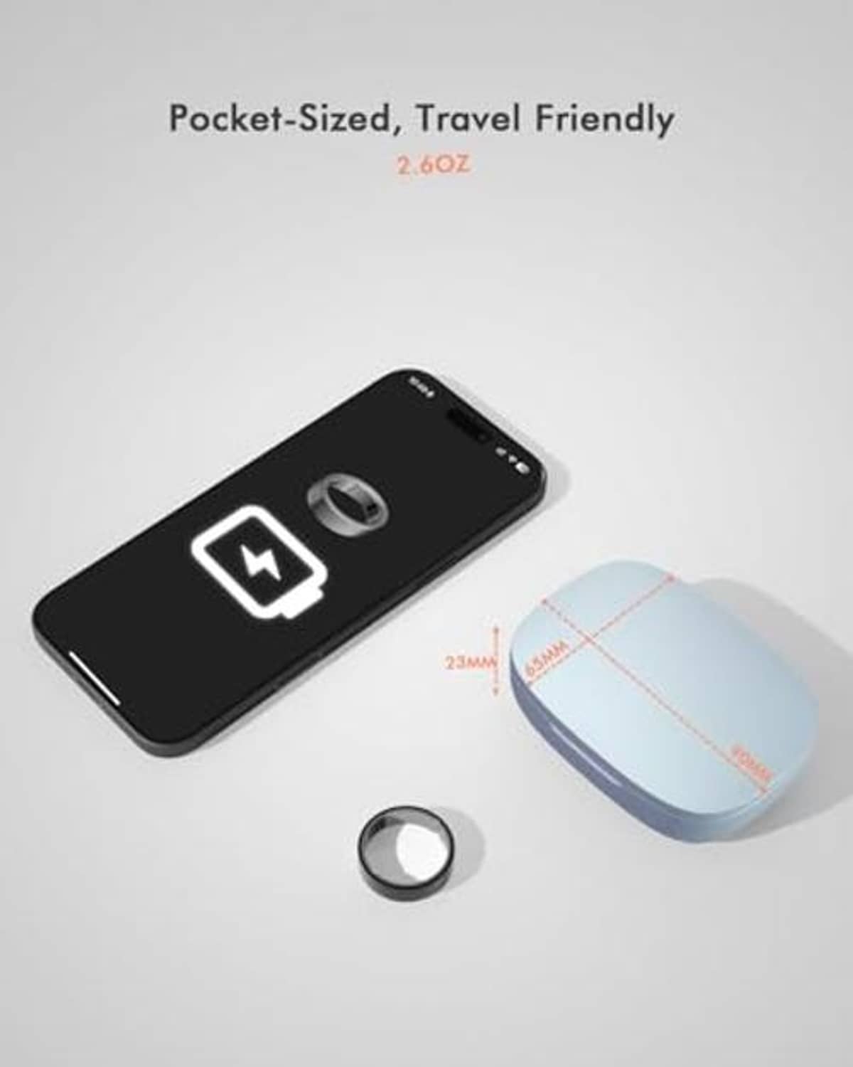 Blue pocket charging case next to small charging puck