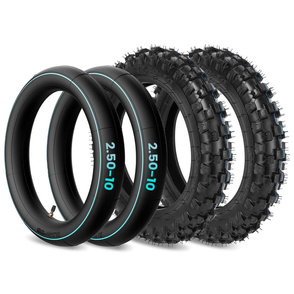 Off-road dirt bike tire and inner tube set with knobby tires, 2.50-10 and 2.75-10