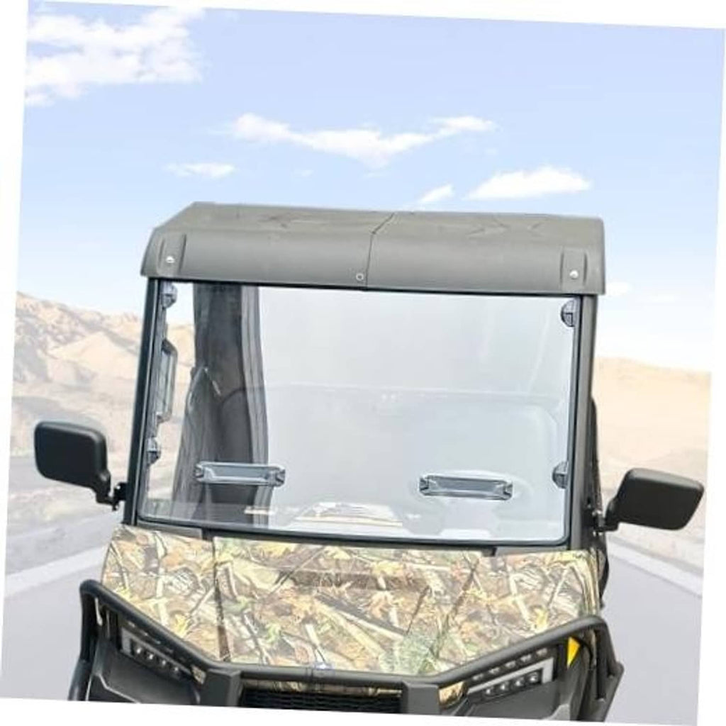 UTV front windshield with clear center panel, dark side panels, vented top