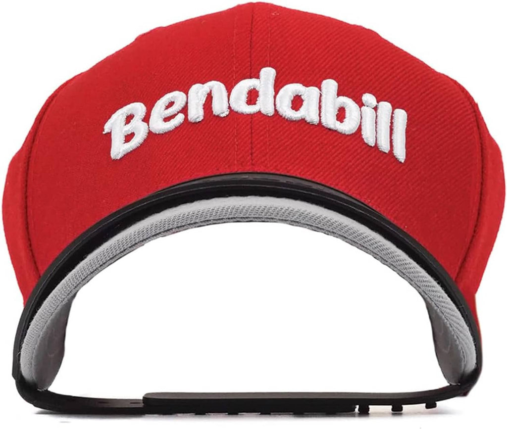 Red baseball cap with white Bendabill logo and black brim bender along gray underside