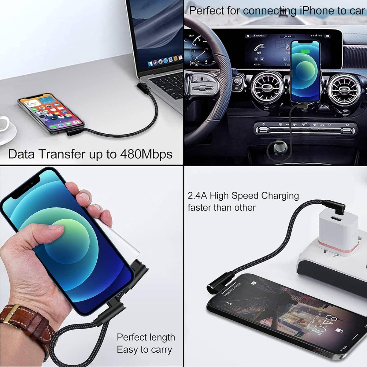 Black braided USB-C to Lightning cable with right-angle connectors for charging