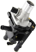 Thermostat water outlet assembly with silver housing and black coolant connectors