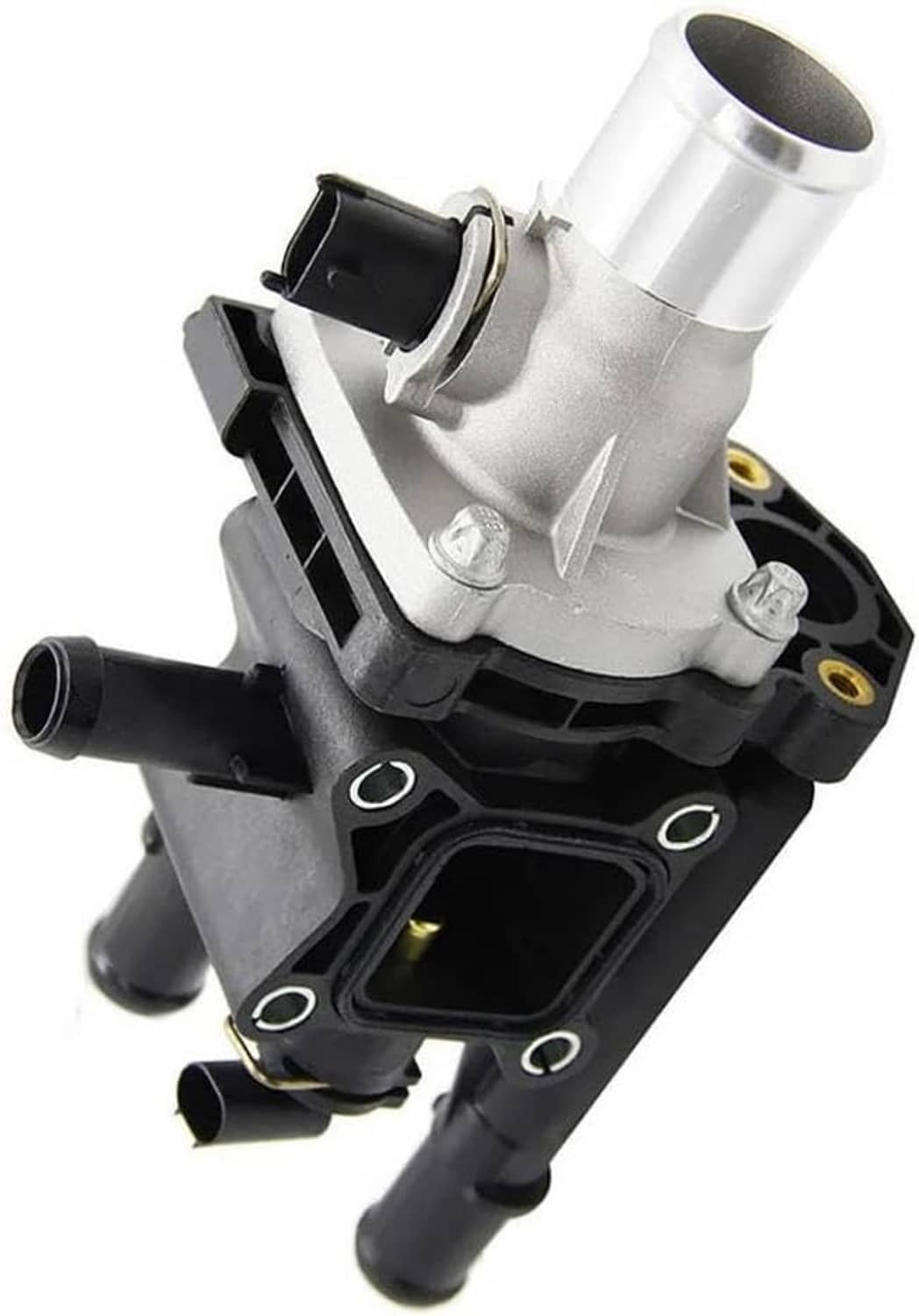 Thermostat water outlet assembly with silver housing and black coolant connectors