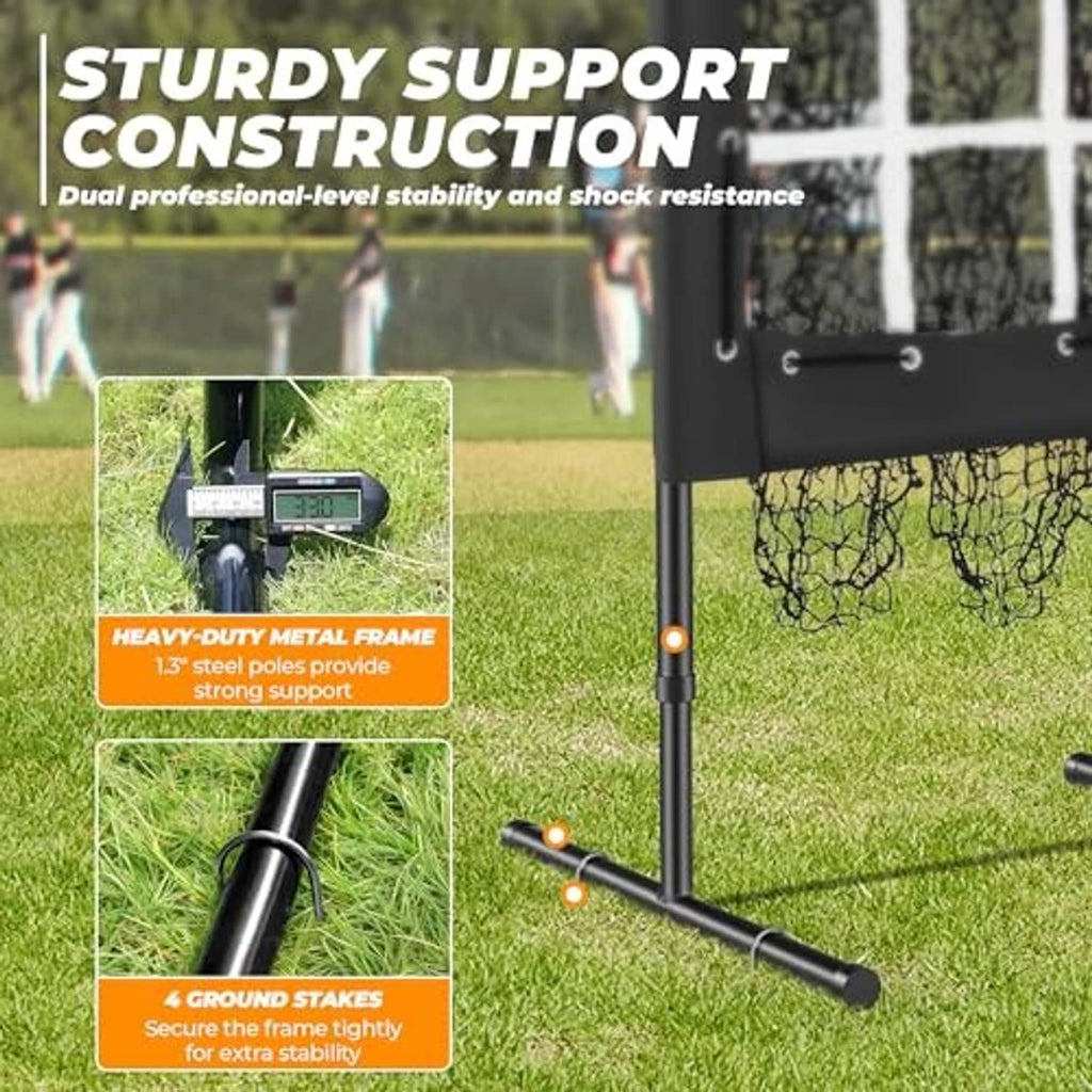 Pitching net with black metal frame, ground stakes, and stability support