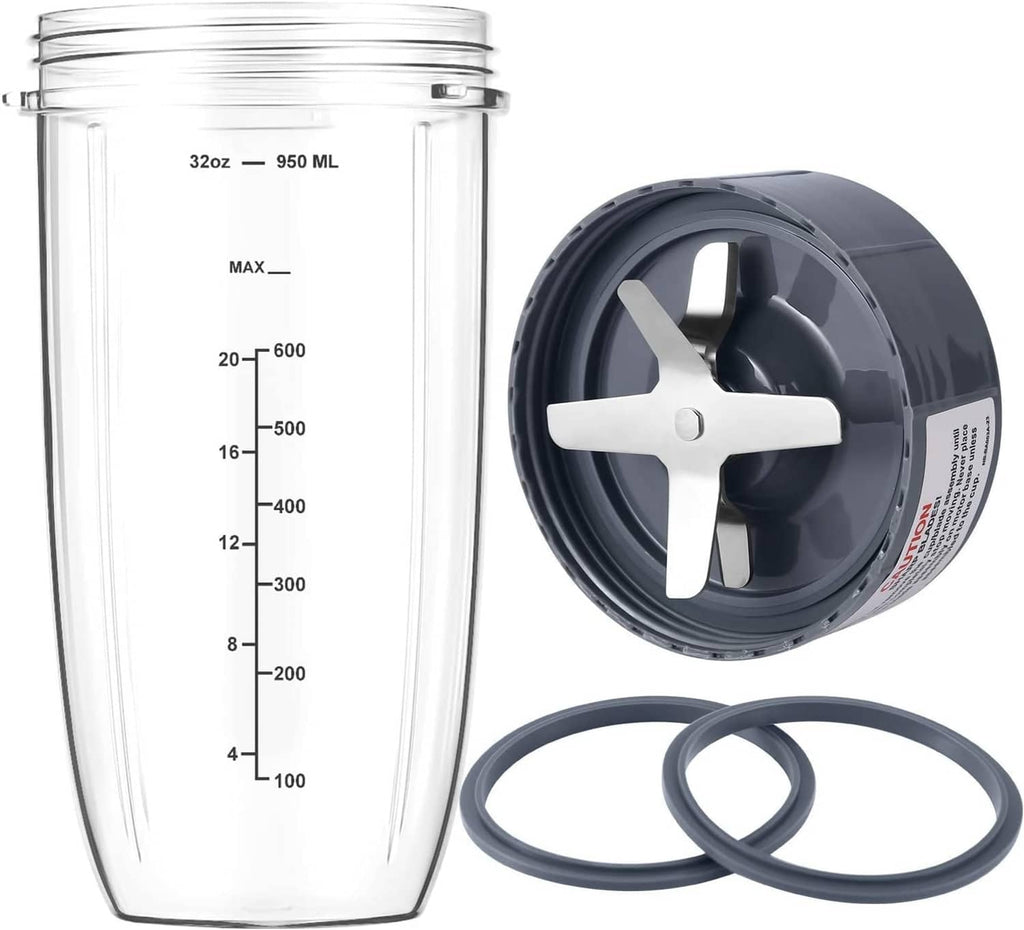 Transparent 32 oz blender cup with stainless blade rotor and dark silicone gasket rings