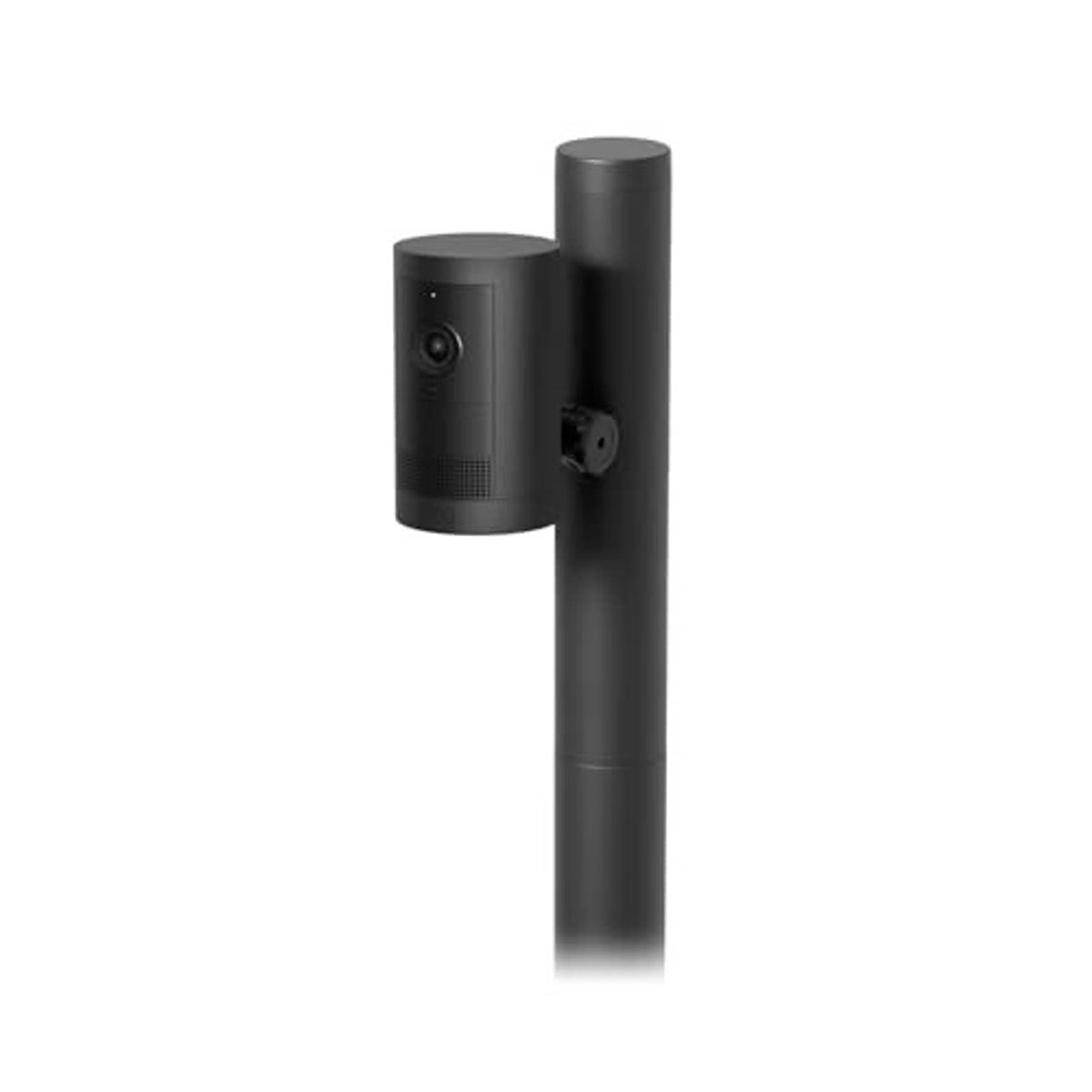 Black ring camera mounted on a vertical stake mount with side arm