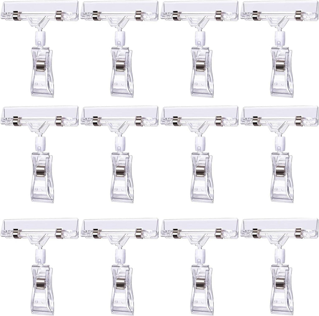 Clear sign holder clips set of 12, transparent double-sided clips with white label tabs