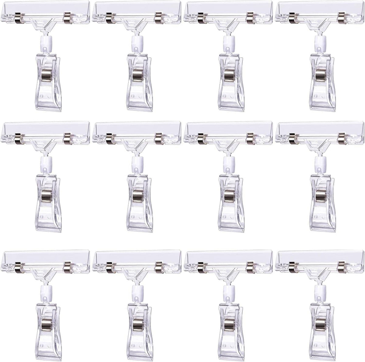 Clear sign holder clips set of 12, transparent double-sided clips with white label tabs