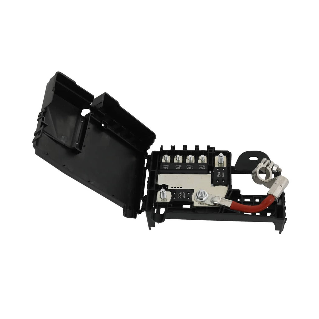 Black fuse box terminal with cover open, metal connector stud and red wire
