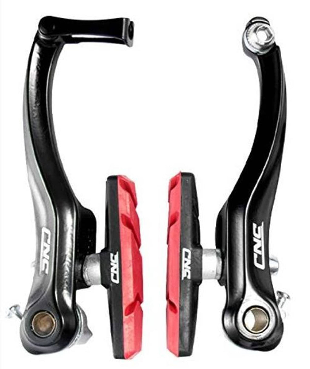 Dual V-brake calipers with black arms and red brake pads, front mount bolts visible