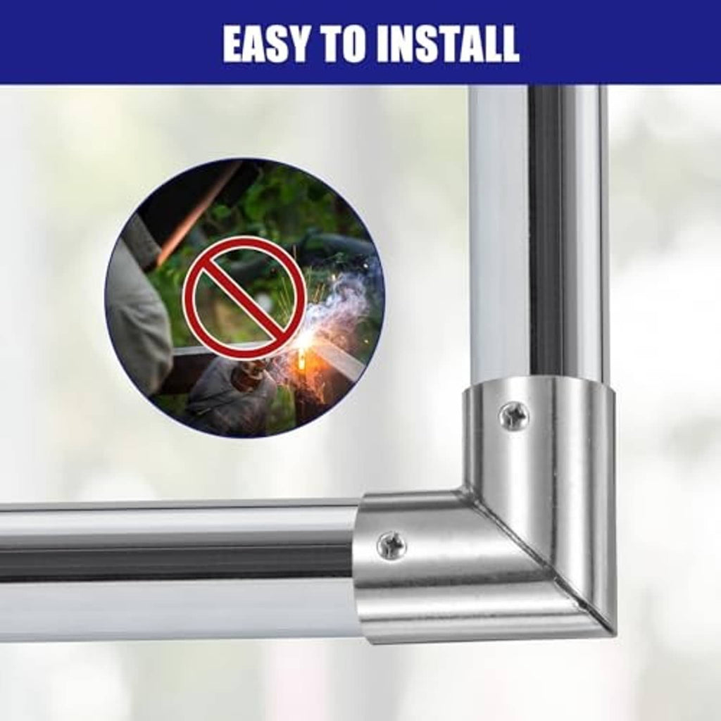 Stainless steel 90° elbow connector joining two pipes with mounting screws