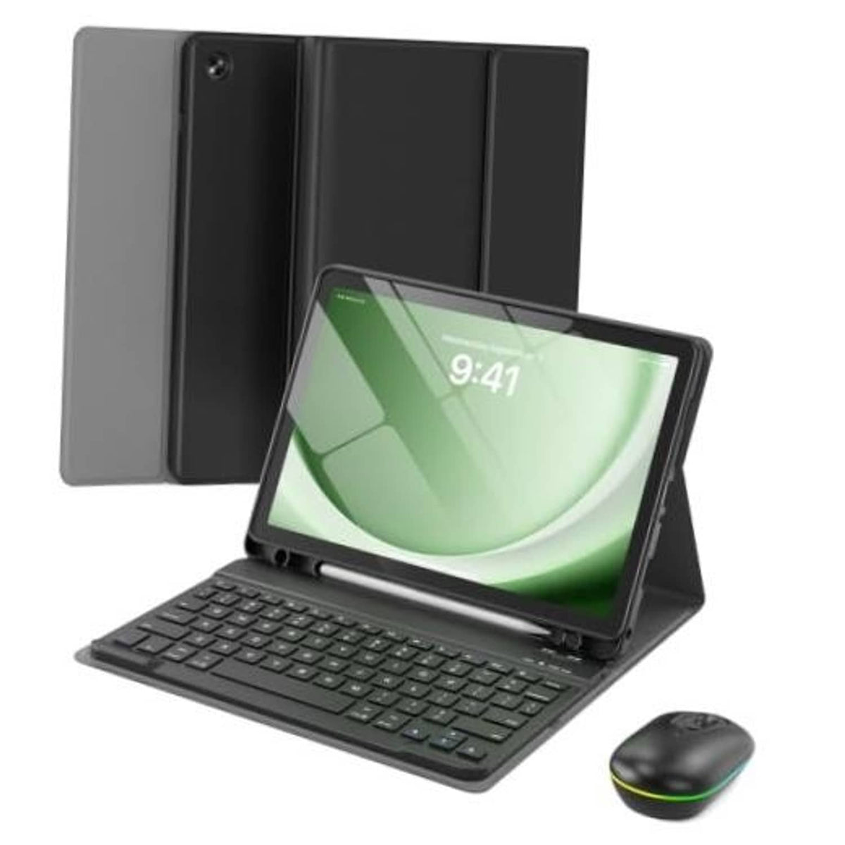 Dark black tablet case with detachable keyboard, stand, and wireless mouse
