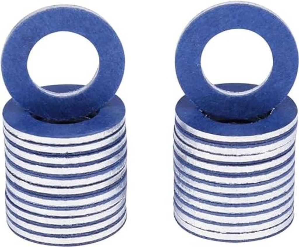 Stacked aluminum oil drain plug gaskets, blue rings with central holes