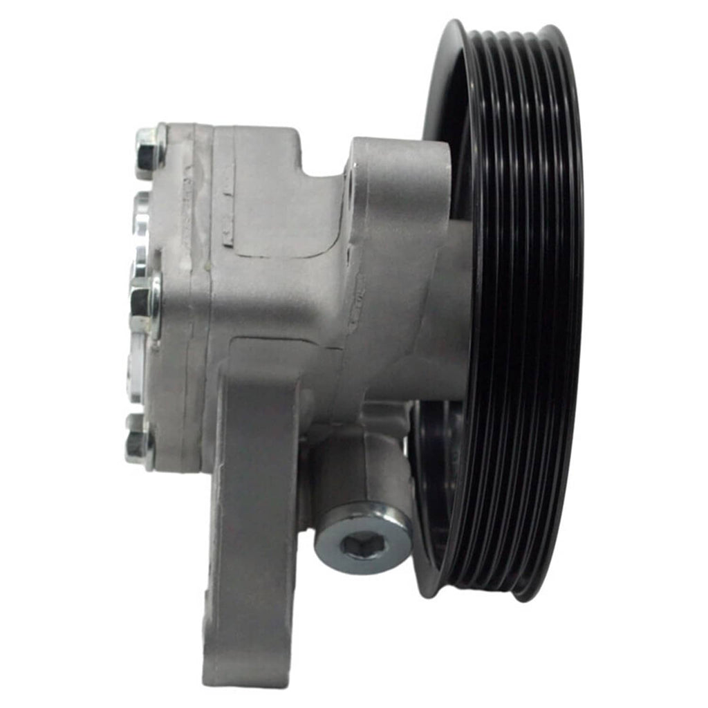 Power steering pump side view with black pulley and gray cast housing