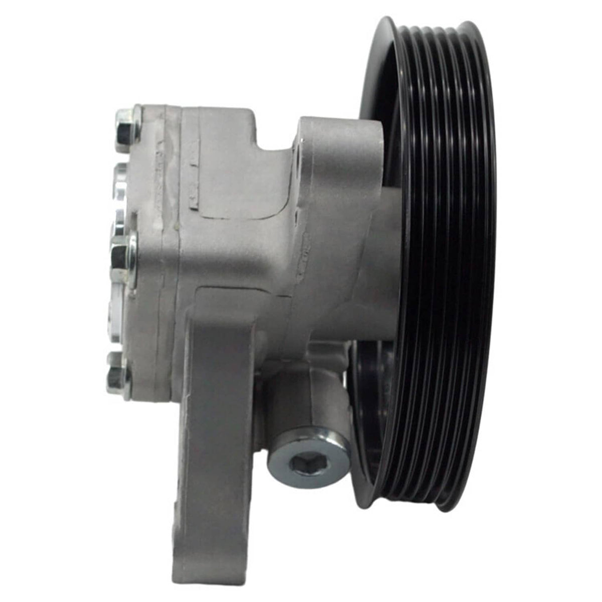Power steering pump side view with black pulley and gray cast housing
