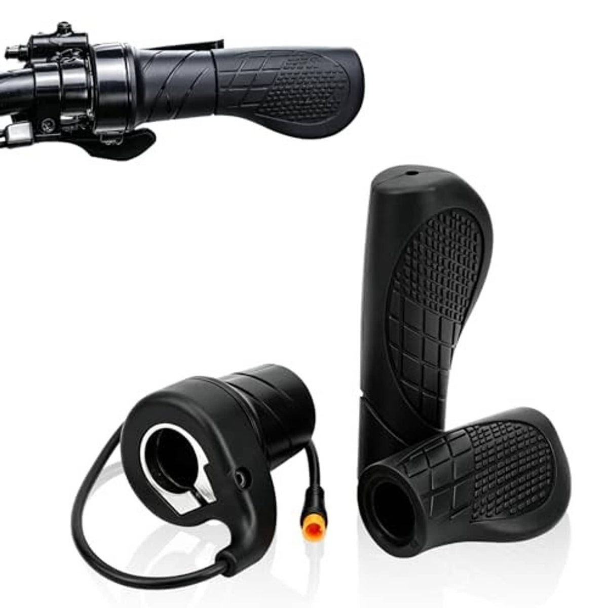 Half-twist throttle grip set with textured black rubber, controller and attached cable