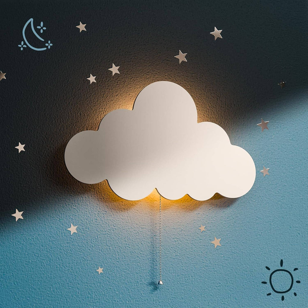 Floating cloud wall lamp with warm glow, white cloud-shaped shade and dangling cord